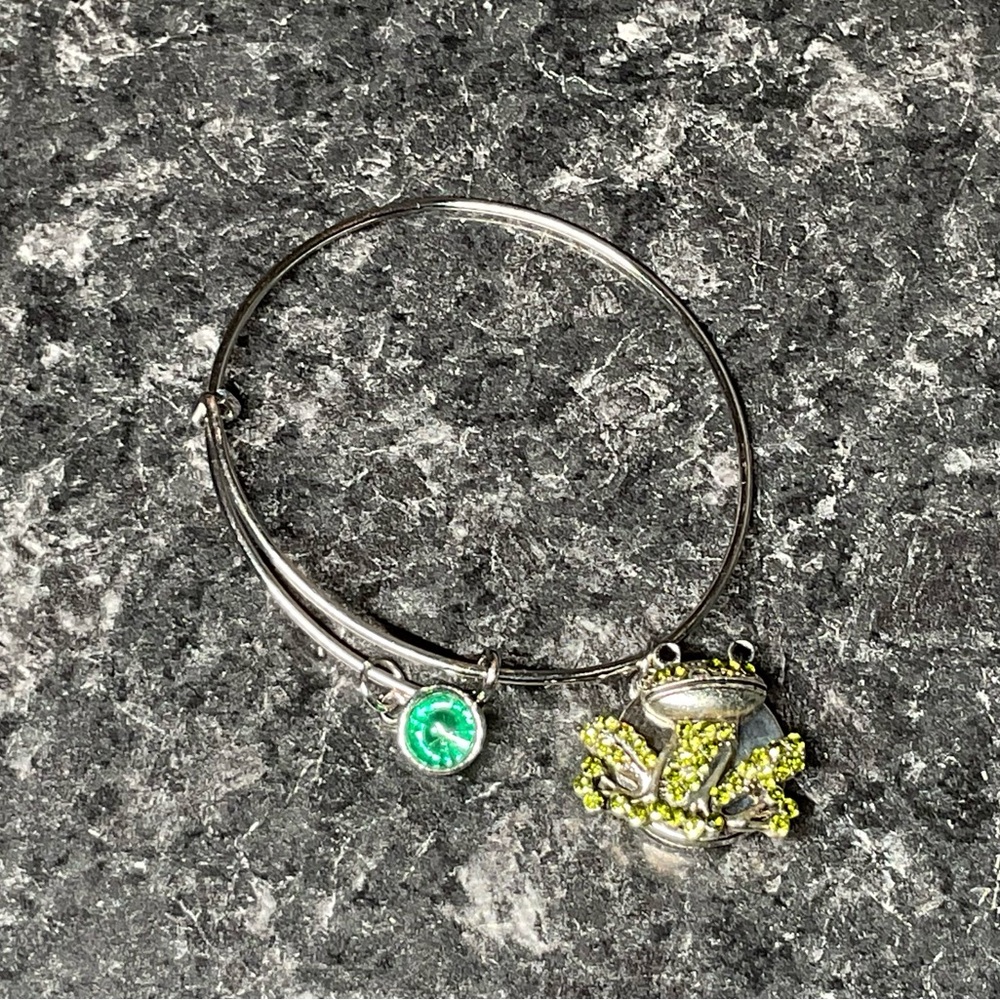 Silver Tone Emerald Green Frog Charm Expandable Slip On Bracelet Gem Woman Girl